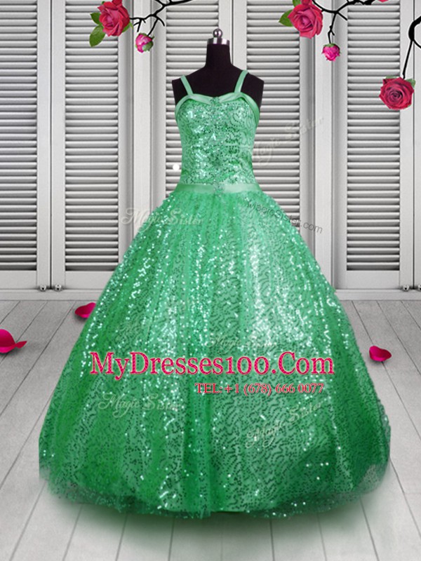 Hot Sale Sequins Straps Sleeveless Lace Up Girls Pageant Dresses Green Sequined
