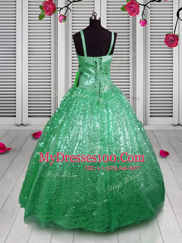 Hot Sale Sequins Straps Sleeveless Lace Up Girls Pageant Dresses Green Sequined