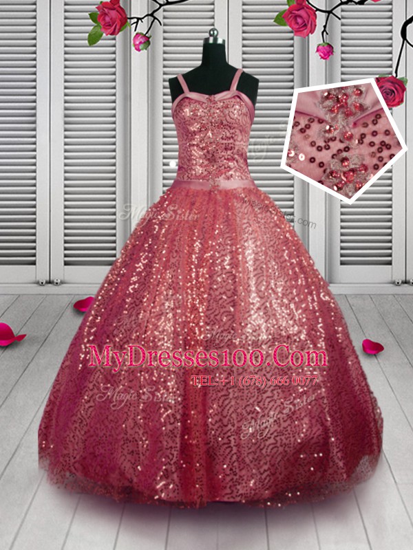 Cute Sequins Floor Length Ball Gowns Sleeveless Watermelon Red Flower Girl Dress Lace Up