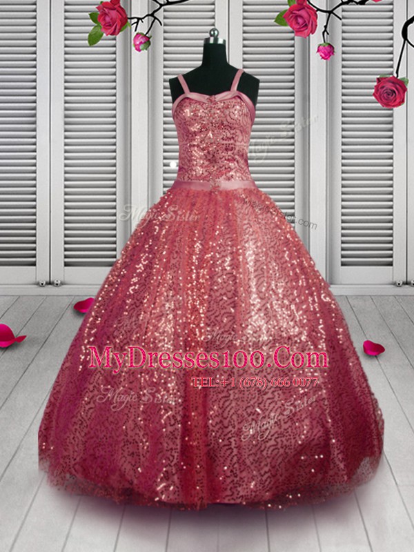 Cute Sequins Floor Length Ball Gowns Sleeveless Watermelon Red Flower Girl Dress Lace Up