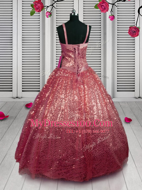 Cute Sequins Floor Length Ball Gowns Sleeveless Watermelon Red Flower Girl Dress Lace Up
