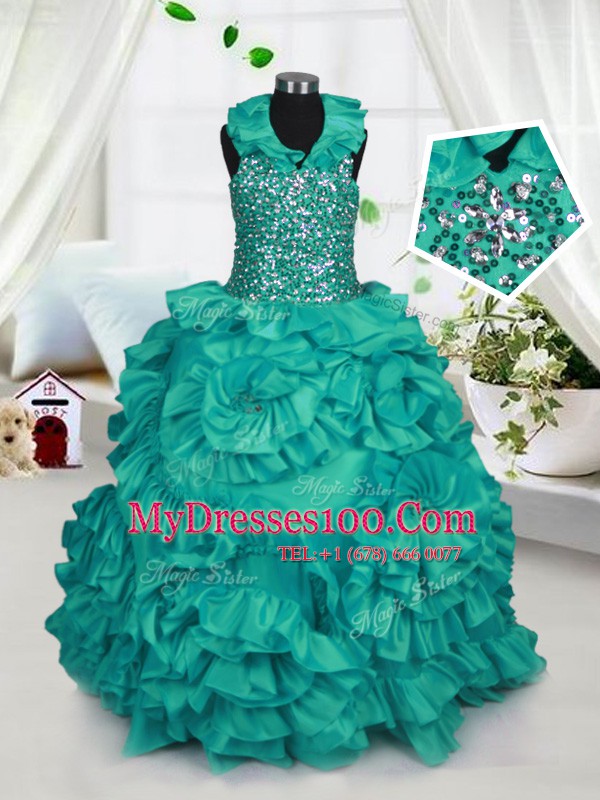 Sexy Halter Top Sleeveless Floor Length Beading and Ruffles Zipper Girls Pageant Dresses with Turquoise