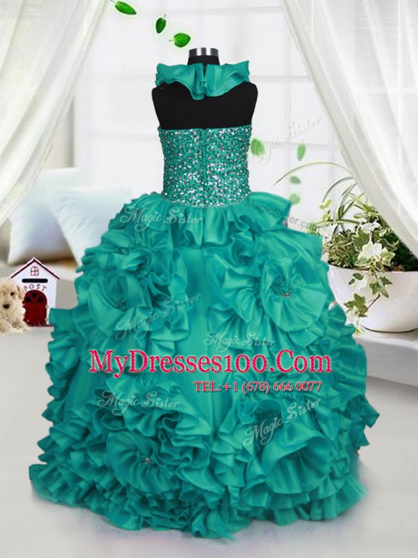 Sexy Halter Top Sleeveless Floor Length Beading and Ruffles Zipper Girls Pageant Dresses with Turquoise