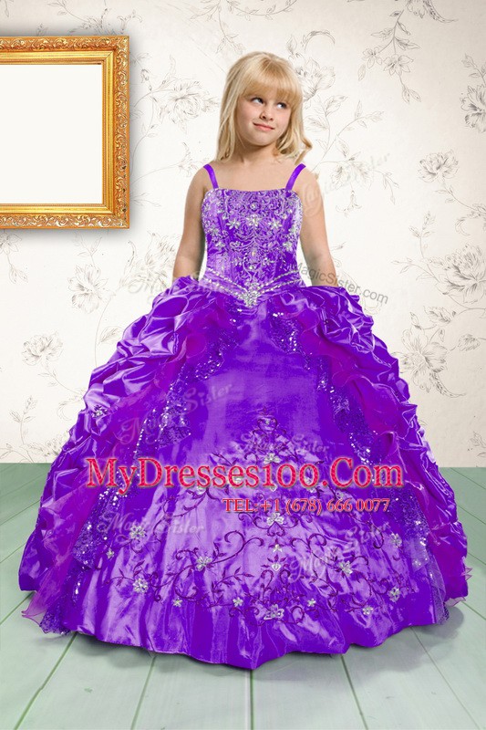 Purple Sleeveless Beading and Appliques and Pick Ups Floor Length Girls Pageant Dresses