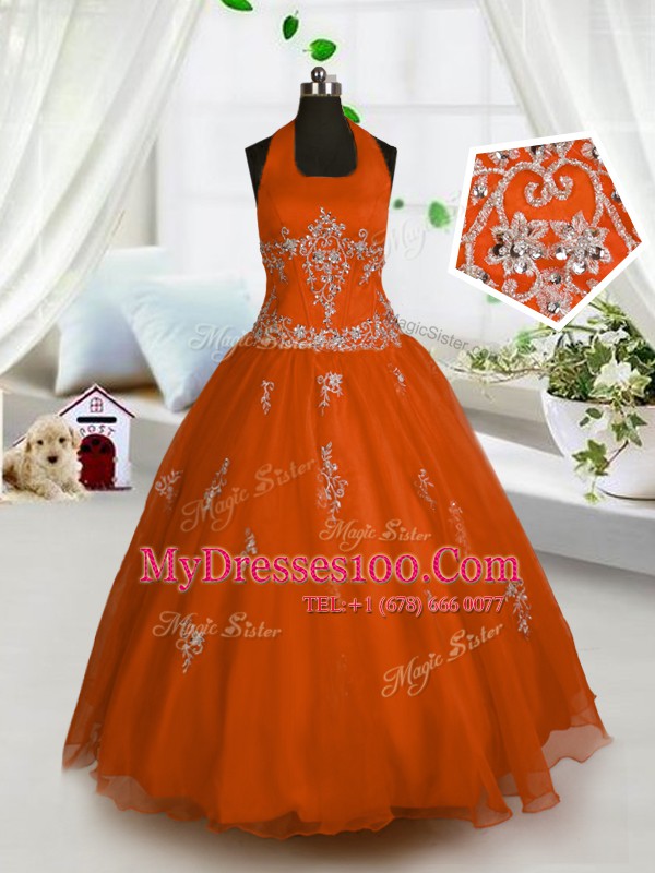 Red Halter Top Neckline Appliques Kids Formal Wear Sleeveless Lace Up