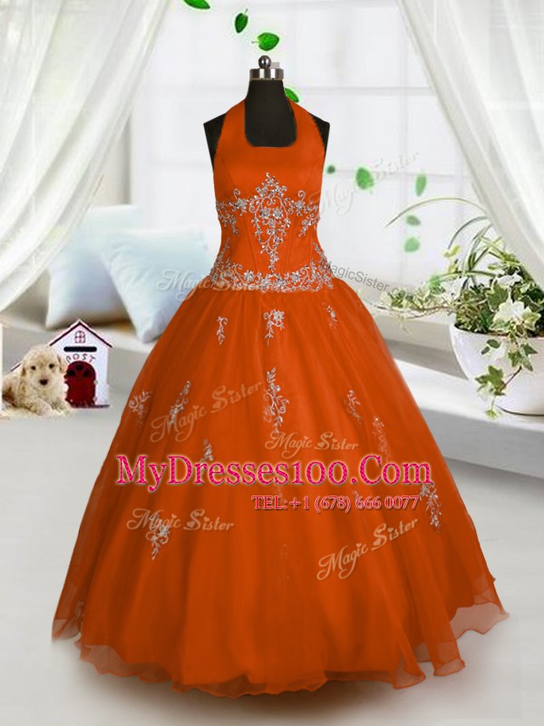 Red Halter Top Neckline Appliques Kids Formal Wear Sleeveless Lace Up