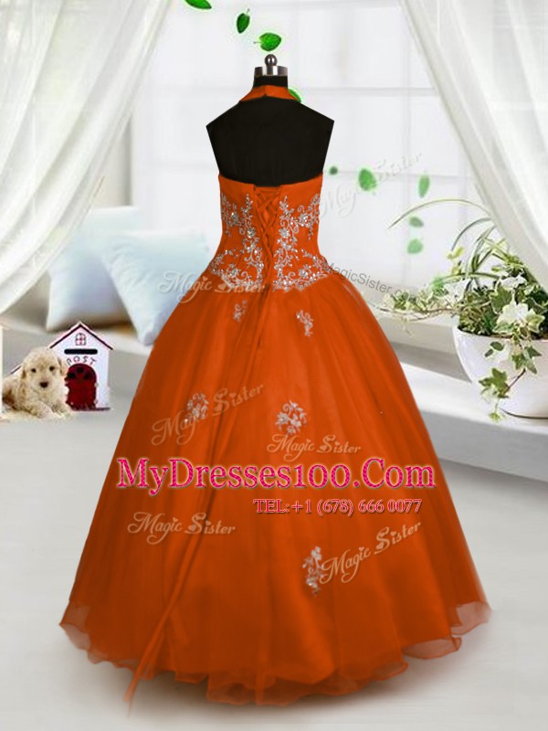 Red Halter Top Neckline Appliques Kids Formal Wear Sleeveless Lace Up