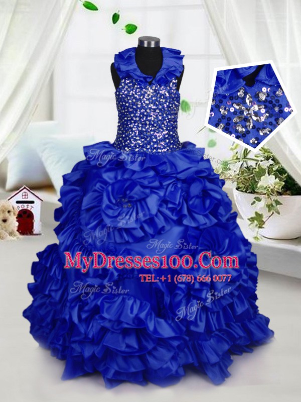 Halter Top Floor Length Royal Blue Flower Girl Dresses Taffeta Sleeveless Beading and Ruffles