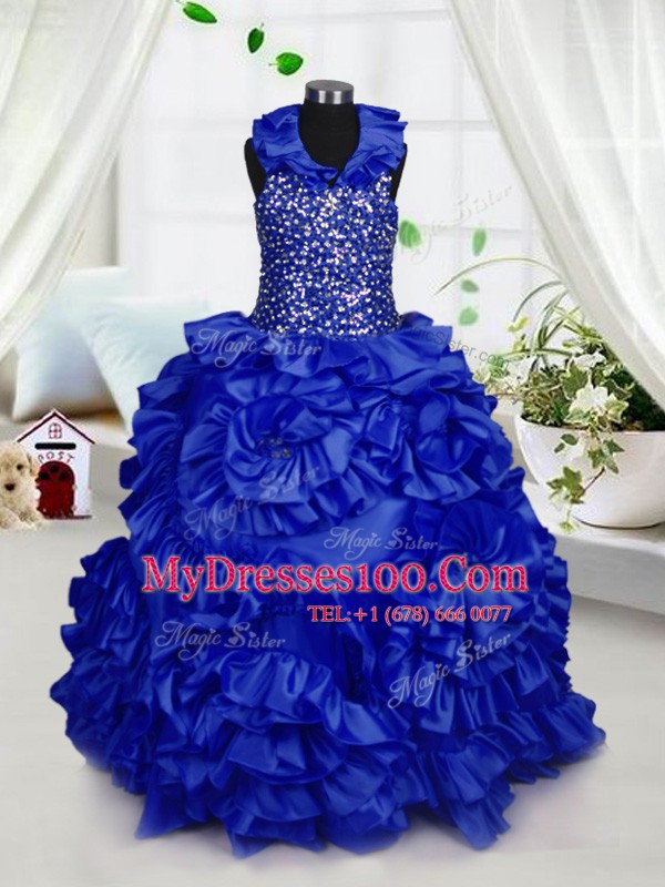 Halter Top Floor Length Royal Blue Flower Girl Dresses Taffeta Sleeveless Beading and Ruffles