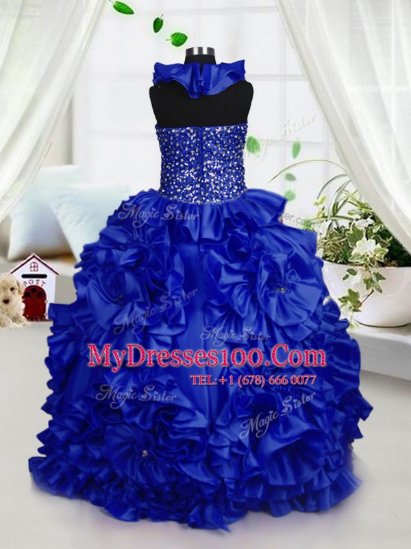 Halter Top Floor Length Royal Blue Flower Girl Dresses Taffeta Sleeveless Beading and Ruffles