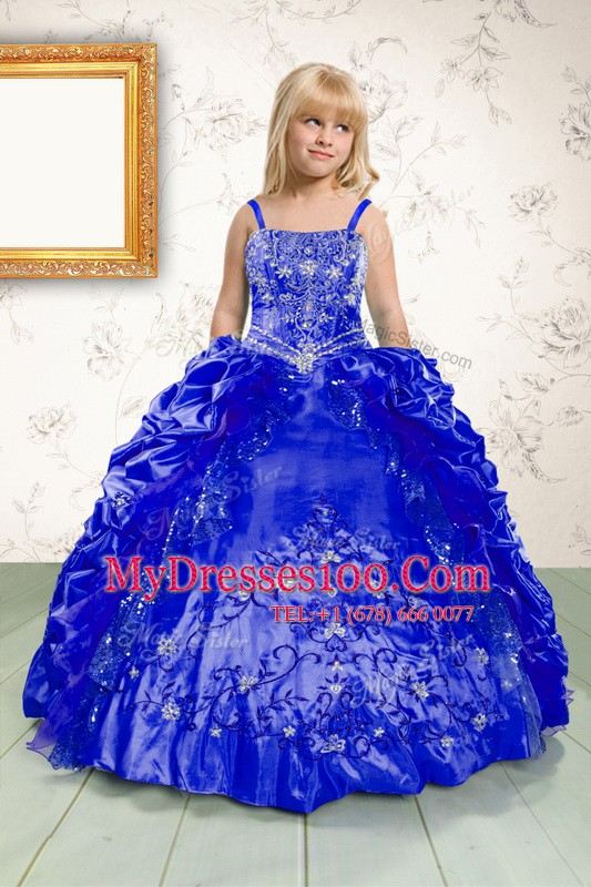 Latest Royal Blue Spaghetti Straps Lace Up Beading and Appliques and Pick Ups Little Girls Pageant Gowns Sleeveless