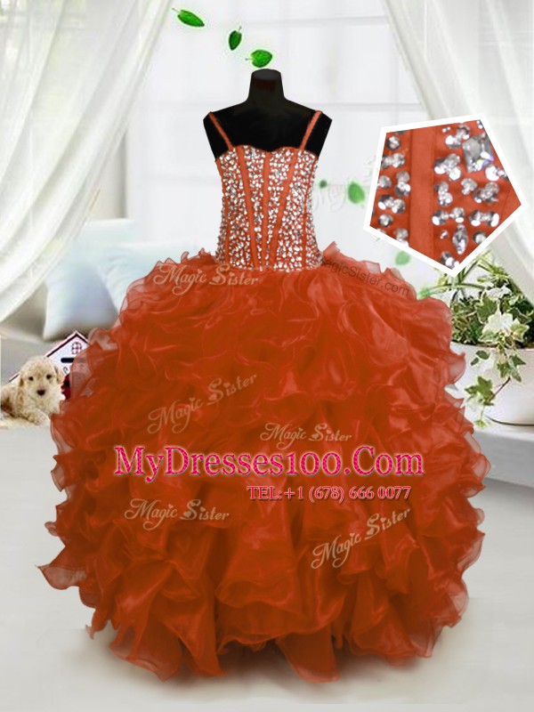 Charming Rust Red Ball Gowns Organza Spaghetti Straps Sleeveless Beading and Ruffles Floor Length Lace Up Little Girls Pageant Gowns