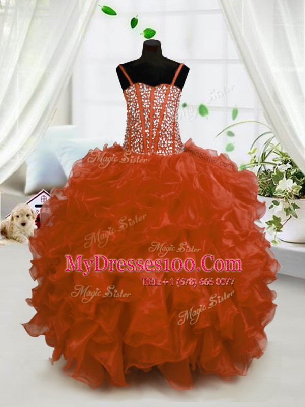 Charming Rust Red Ball Gowns Organza Spaghetti Straps Sleeveless Beading and Ruffles Floor Length Lace Up Little Girls Pageant Gowns