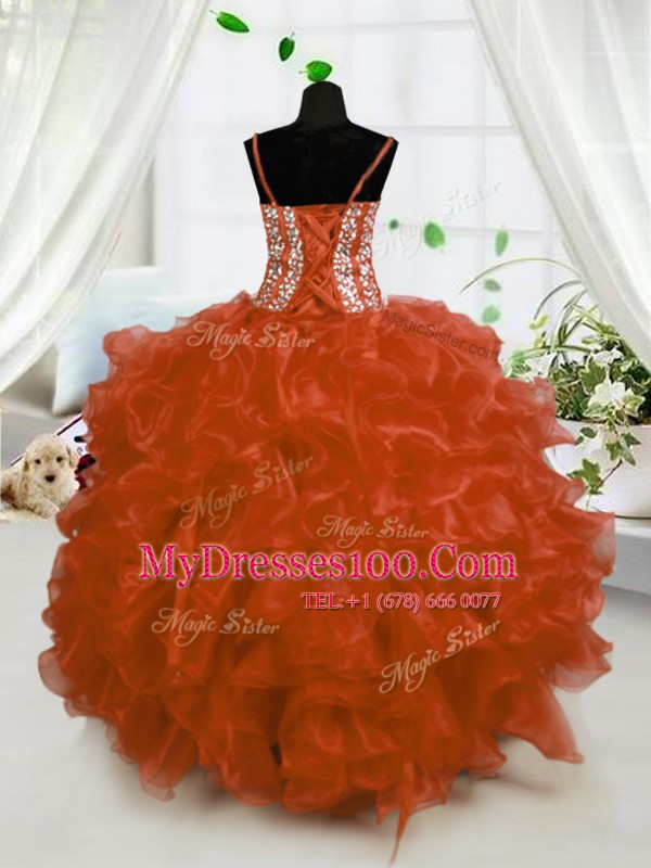 Charming Rust Red Ball Gowns Organza Spaghetti Straps Sleeveless Beading and Ruffles Floor Length Lace Up Little Girls Pageant Gowns