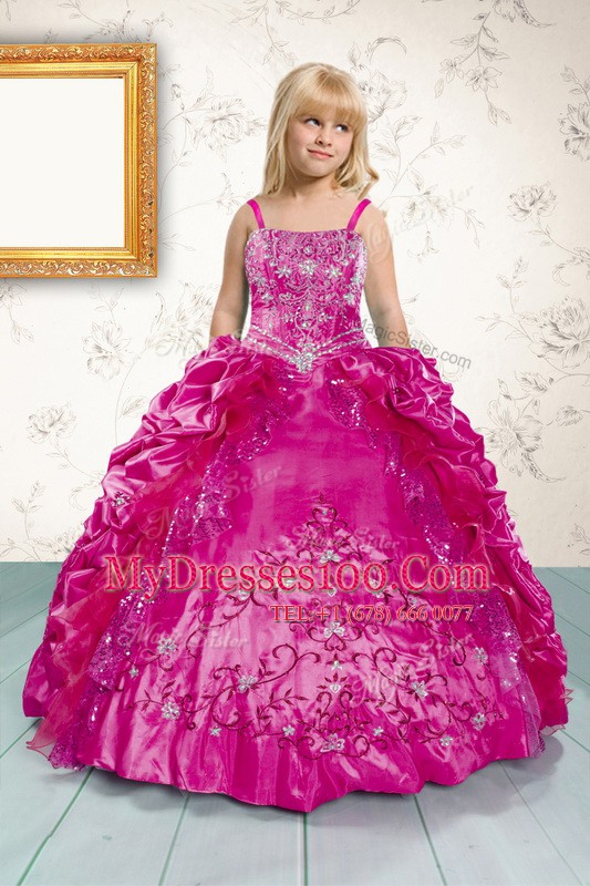Simple Hot Pink Ball Gowns Beading and Appliques and Pick Ups Little Girls Pageant Dress Wholesale Lace Up Satin Sleeveless Floor Length