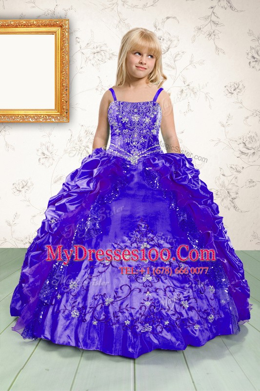 Elegant Spaghetti Straps Sleeveless Satin Flower Girl Dresses Beading and Appliques and Pick Ups Lace Up