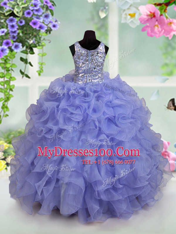 Gorgeous Sequins Scoop Sleeveless Zipper Little Girl Pageant Gowns Light Blue Organza