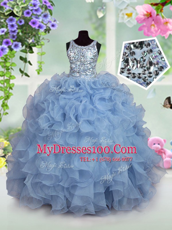 Sophisticated Scoop Sequins Floor Length Ball Gowns Sleeveless Light Blue Kids Formal Wear Zipper