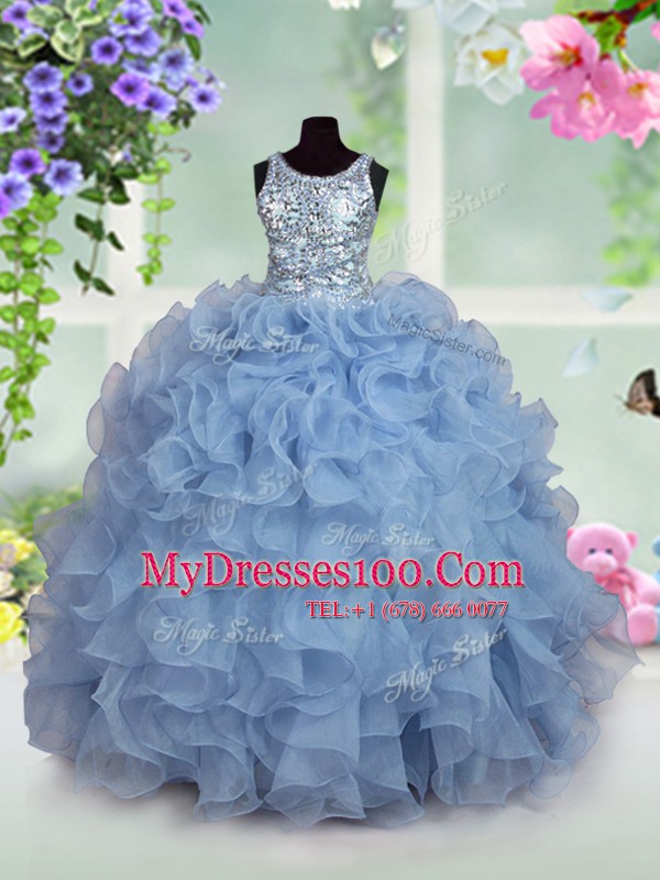 Sophisticated Scoop Sequins Floor Length Ball Gowns Sleeveless Light Blue Kids Formal Wear Zipper