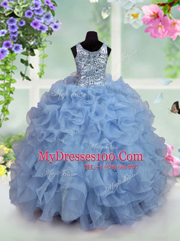 Sophisticated Scoop Sequins Floor Length Ball Gowns Sleeveless Light Blue Kids Formal Wear Zipper