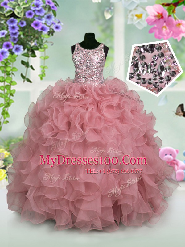 Beautiful Pink Zipper Scoop Ruffles and Sequins Toddler Flower Girl Dress Organza Sleeveless