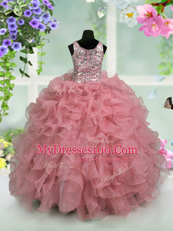 Beautiful Pink Zipper Scoop Ruffles and Sequins Toddler Flower Girl Dress Organza Sleeveless