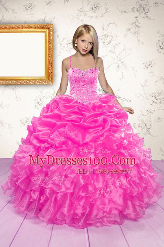 Sophisticated Organza Spaghetti Straps Sleeveless Lace Up Beading and Ruffles and Pick Ups Little Girls Pageant Dress Wholesale in Hot Pink