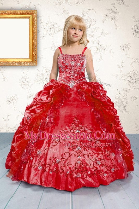 Red Sleeveless Floor Length Beading and Appliques and Pick Ups Lace Up Child Pageant Dress