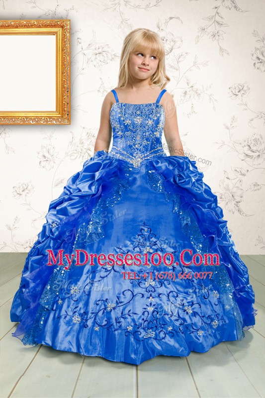 Blue Ball Gowns Beading and Appliques and Pick Ups Flower Girl Dresses for Less Lace Up Satin Sleeveless Floor Length