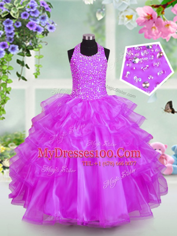 Halter Top Sleeveless Flower Girl Dresses Floor Length Beading and Ruffled Layers Lilac Organza