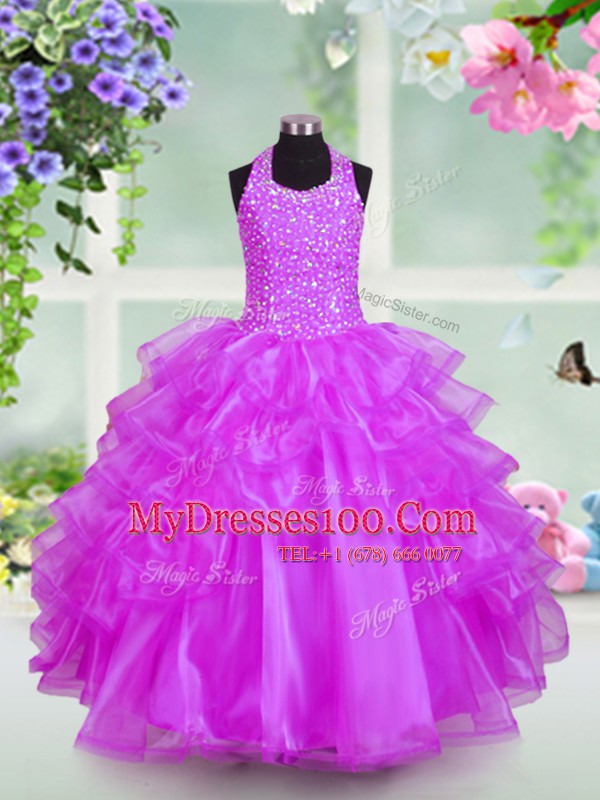 Halter Top Sleeveless Flower Girl Dresses Floor Length Beading and Ruffled Layers Lilac Organza