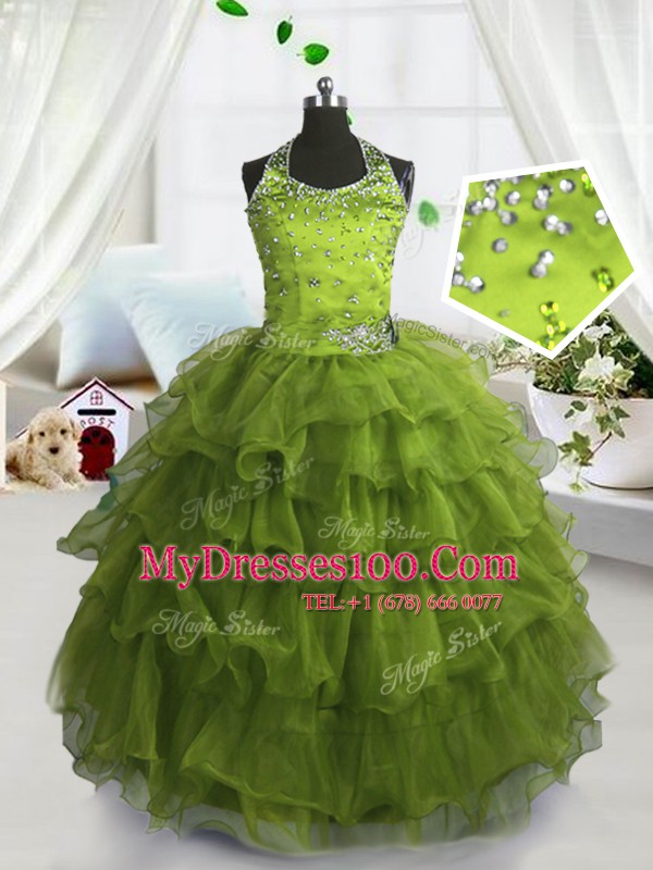 Olive Green Ball Gowns Scoop Sleeveless Organza Floor Length Lace Up Beading and Ruffled Layers Flower Girl Dresses