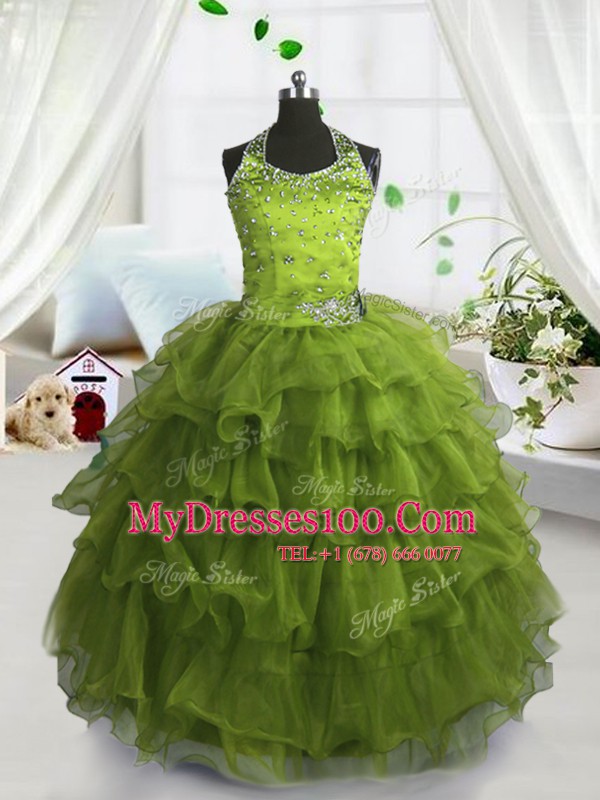 Olive Green Ball Gowns Scoop Sleeveless Organza Floor Length Lace Up Beading and Ruffled Layers Flower Girl Dresses