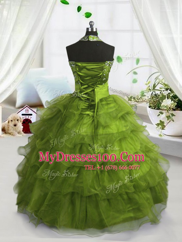 Olive Green Ball Gowns Scoop Sleeveless Organza Floor Length Lace Up Beading and Ruffled Layers Flower Girl Dresses