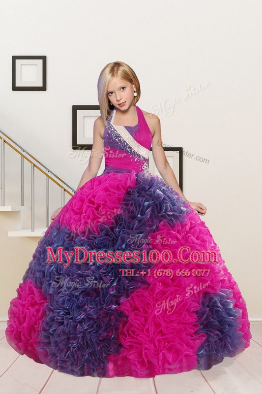 Halter Top Beading and Ruffles Little Girls Pageant Dress Fuchsia Lace Up Sleeveless Floor Length