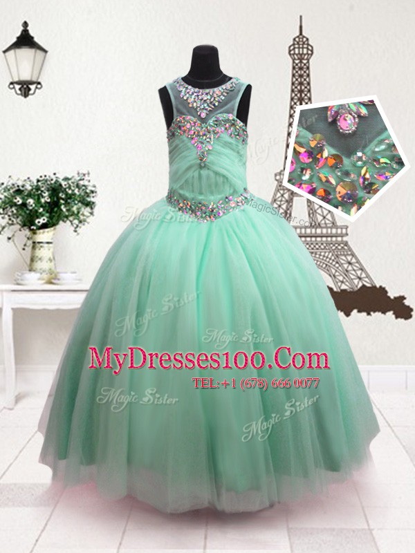 Vintage Scoop Beading Flower Girl Dress Turquoise Zipper Sleeveless Floor Length