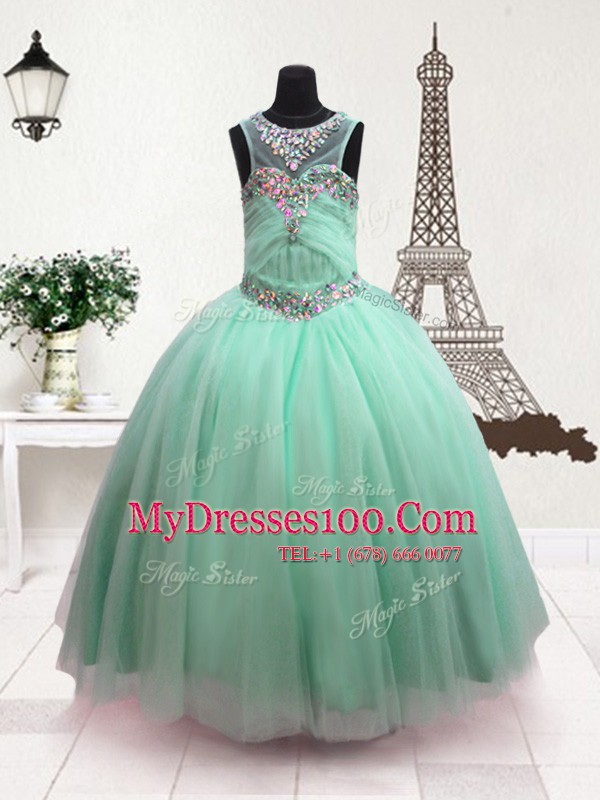 Vintage Scoop Beading Flower Girl Dress Turquoise Zipper Sleeveless Floor Length