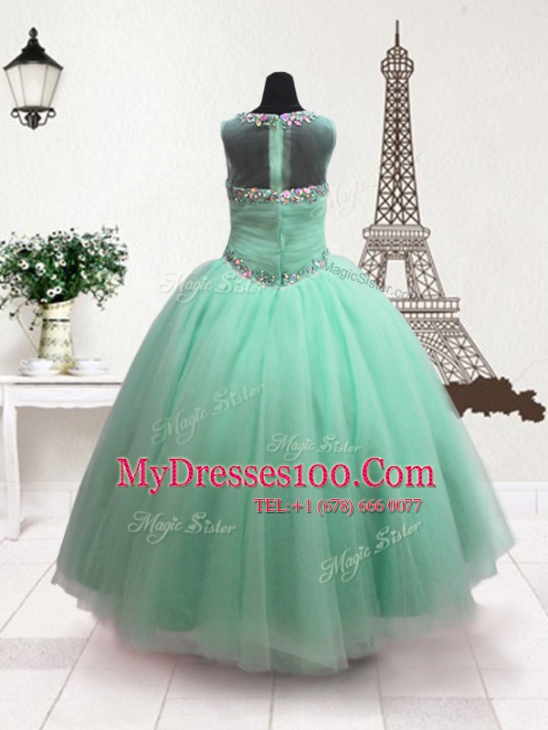 Vintage Scoop Beading Flower Girl Dress Turquoise Zipper Sleeveless Floor Length