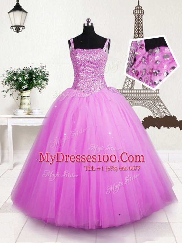 Deluxe Rose Pink Sleeveless Beading and Sequins Floor Length Toddler Flower Girl Dress