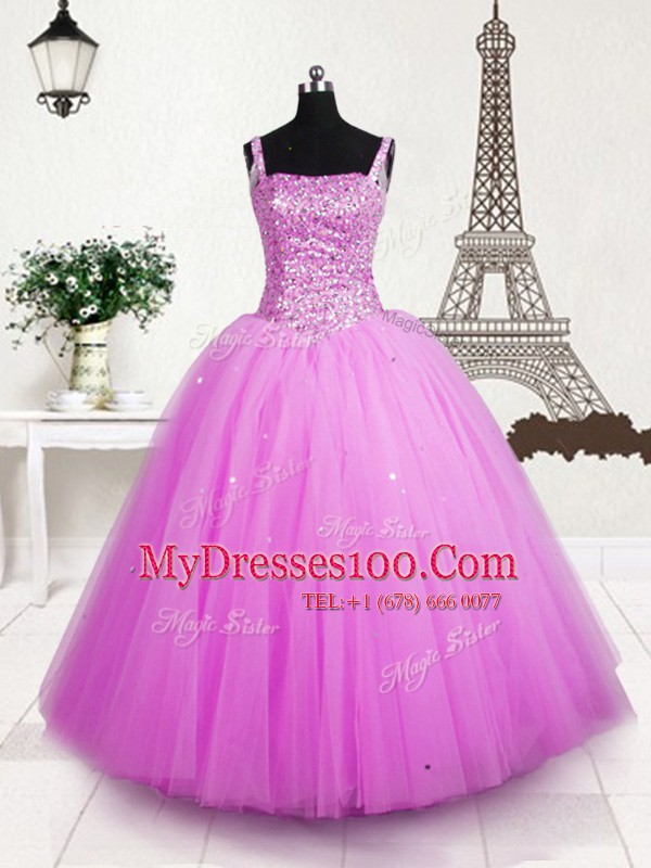 Deluxe Rose Pink Sleeveless Beading and Sequins Floor Length Toddler Flower Girl Dress