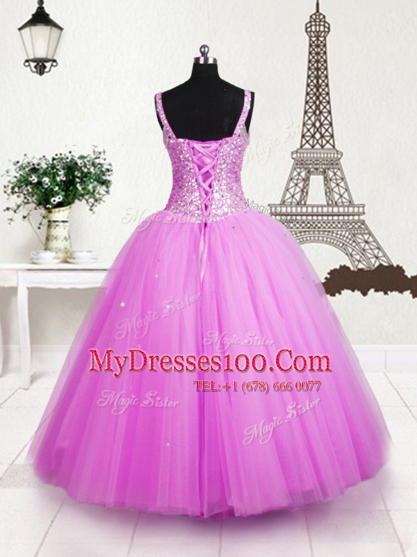 Deluxe Rose Pink Sleeveless Beading and Sequins Floor Length Toddler Flower Girl Dress