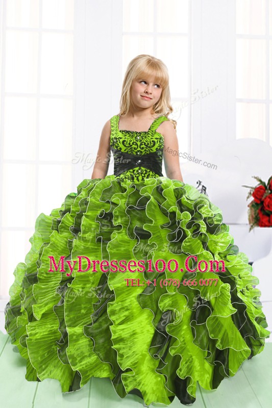 Straps Sleeveless Organza Flower Girl Dresses for Less Beading and Ruffles Lace Up