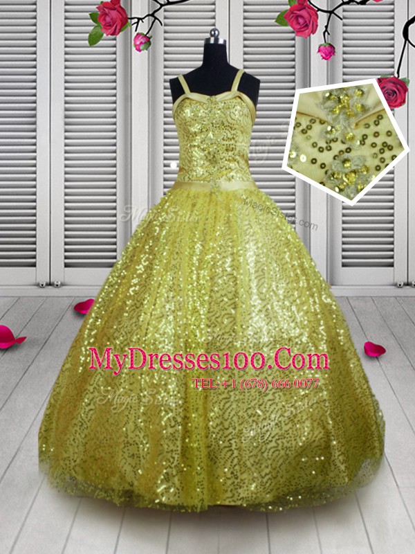 Floor Length Lace Up Little Girl Pageant Gowns Gold for Party and Wedding Party with Sequins