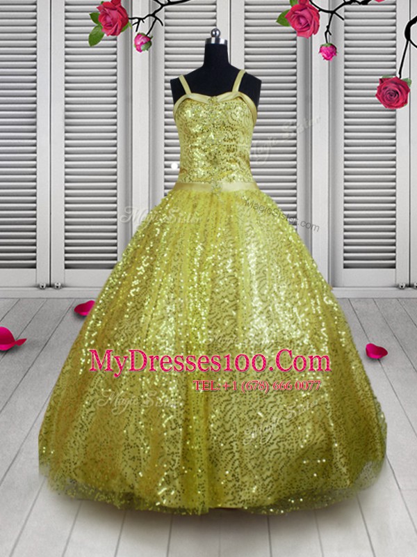 Floor Length Lace Up Little Girl Pageant Gowns Gold for Party and Wedding Party with Sequins