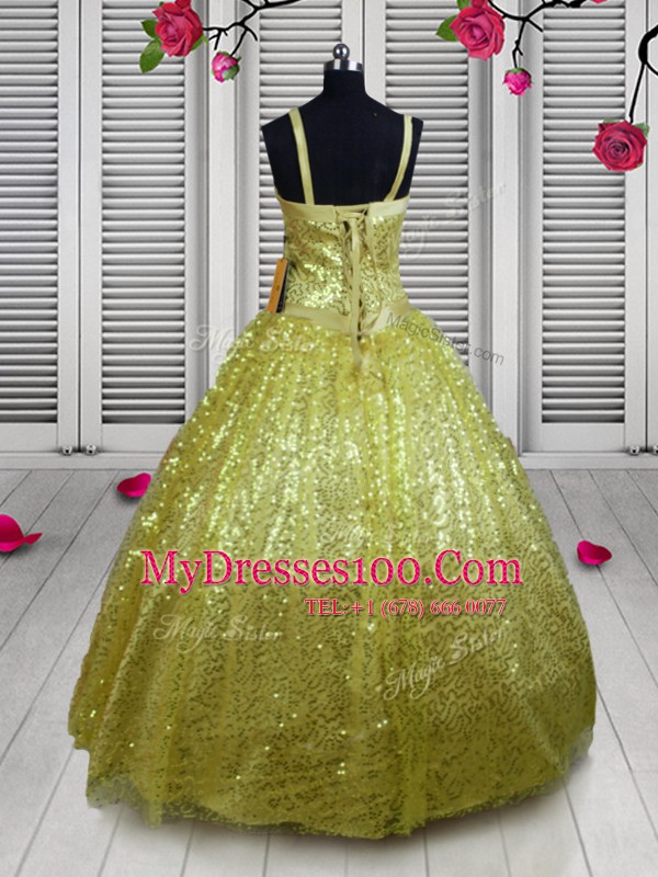 Floor Length Lace Up Little Girl Pageant Gowns Gold for Party and Wedding Party with Sequins