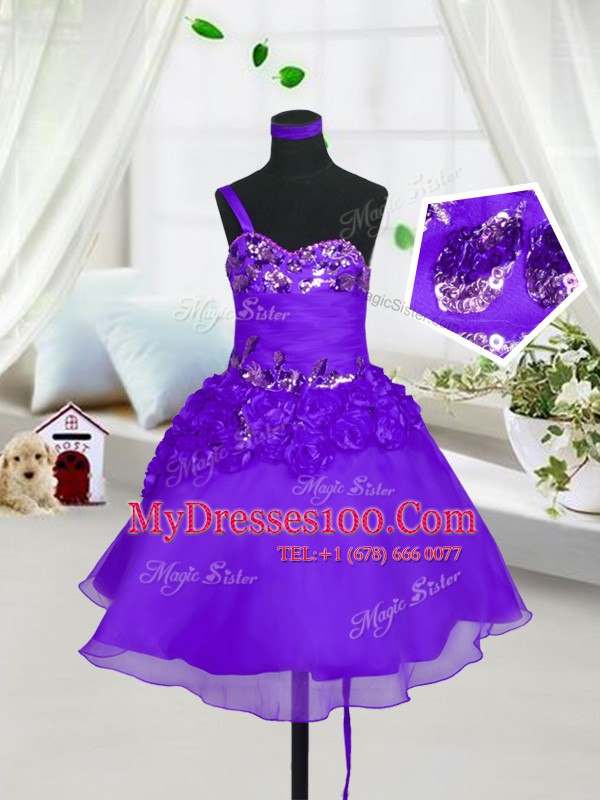 Romantic Eggplant Purple Sweetheart Lace Up Beading and Hand Made Flower Toddler Flower Girl Dress Sleeveless