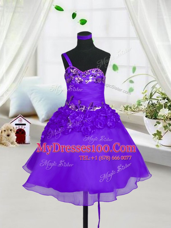 Romantic Eggplant Purple Sweetheart Lace Up Beading and Hand Made Flower Toddler Flower Girl Dress Sleeveless