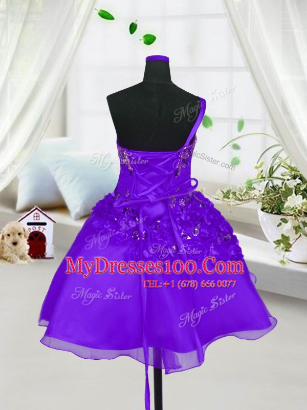 Romantic Eggplant Purple Sweetheart Lace Up Beading and Hand Made Flower Toddler Flower Girl Dress Sleeveless