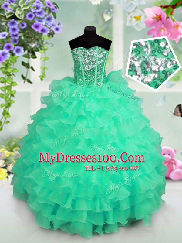 Best Turquoise Sleeveless Floor Length Ruffled Layers and Sequins Lace Up Child Pageant Dress