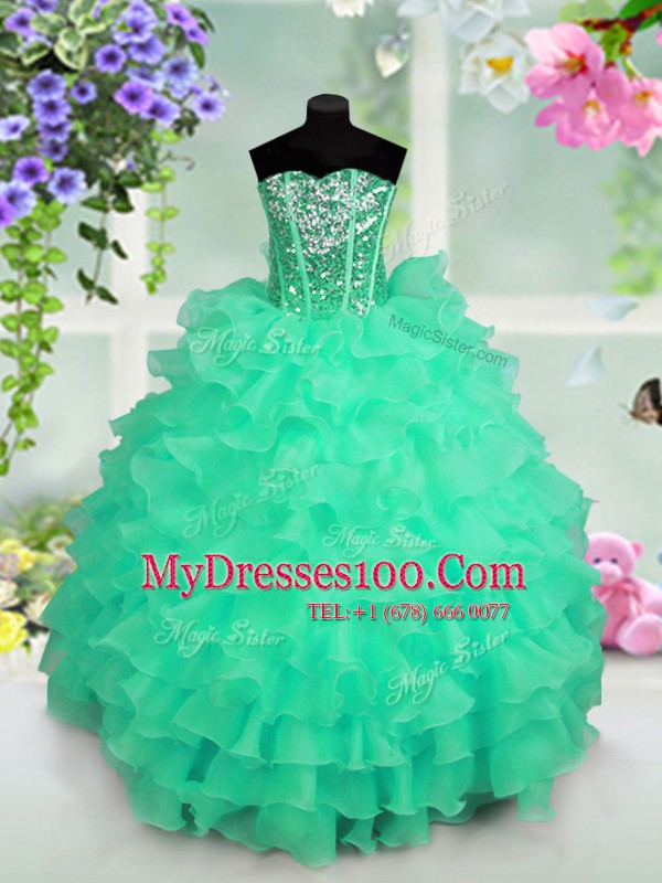 Best Turquoise Sleeveless Floor Length Ruffled Layers and Sequins Lace Up Child Pageant Dress